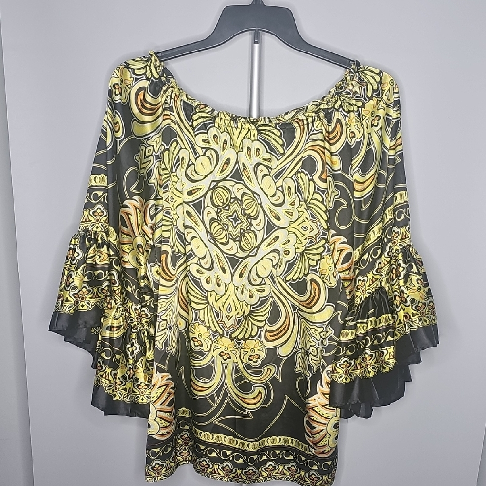 Yellow and Black Ruffled Bell Sleeve Blouse
